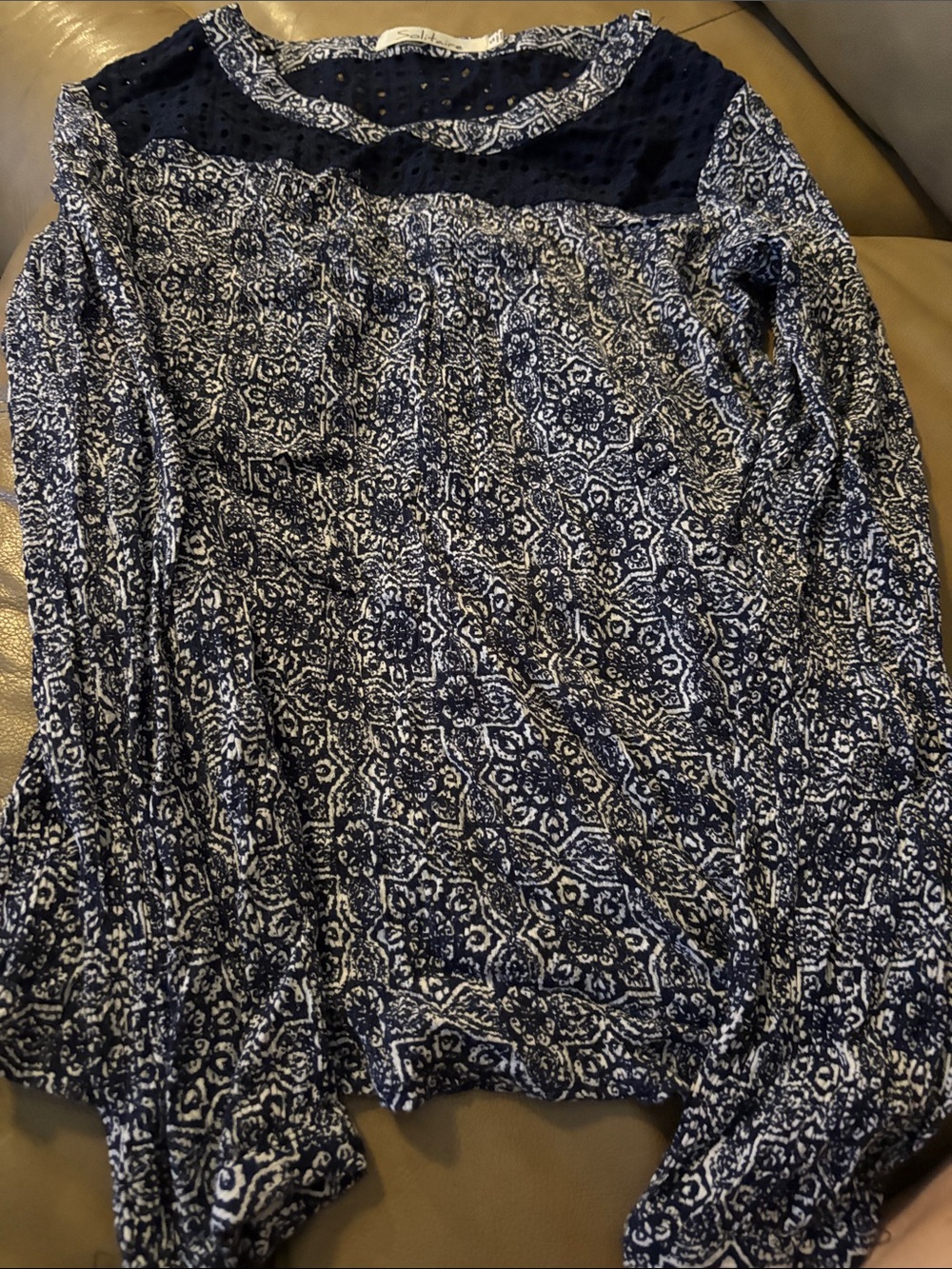 Solitaire Navy and White Patterned Long-Sleeve Top